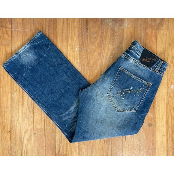 Vintage Mens Ed Hardy Jeans Size 36x32 Y2K Designer Distressed Bootcut Denim